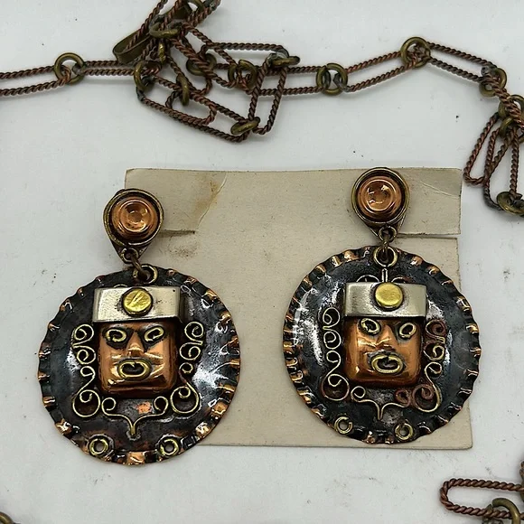 Diaz Santoyo Vintage Aztec Tribal Copper Necklace/Earrings Jewelry Set 🌸🌸 - Picture 4 of 9